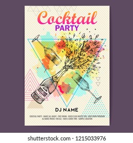 Champagne bottle and glass with splash on artistic polygon watercolor background. Cocktail disco party poster