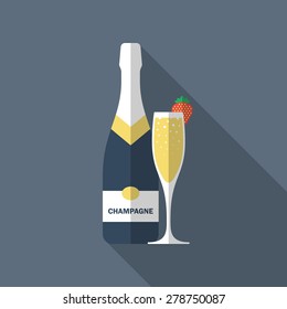 Champagne bottle with glass and strawberry, flat design modern vector illustration.