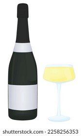 Champagne bottle with glass, vector
