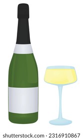 Champagne bottle with glass, vector