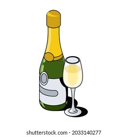 Champagne bottle of glass. Vector 3d sketch line isometric, color icon illustration, flat style. Creative design idea and elements for infographics and website.