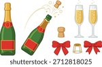 Champagne bottle and glass vector elements collection, flat celebration drink icons