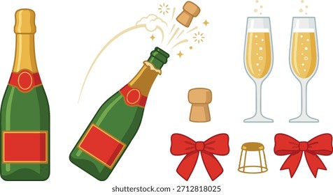 Botella de champán y Elementos de Vector de vidrio colección, iconos de bebida de celebración plana