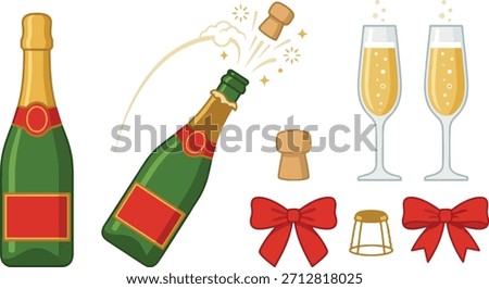 Champagne bottle and glass vector elements collection, flat celebration drink icons