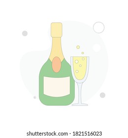 Champagne bottle with glass vector flat illustration on white background
