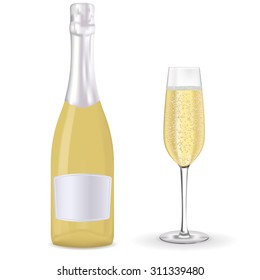 Champagne bottle and a glass. Vector illustration isolated on white background