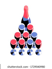 Champagne bottle and glasses arranged in the shape of a triangle. Set of items, top view, isolated, white background. Vector illustration