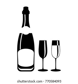 Champagne champagne bottle and glasses black icon. Festive toast, a reason for joy. Flat vector cartoon illustration. Objects isolated on white background.