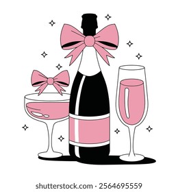 Champagne Bottle and Glasses with Bows Celebration Illustration	