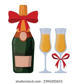 Champagne bottle and glasses. Cartoon festive party beverage, Christmas or birthday celebration alcohol flat vector illustration on white background