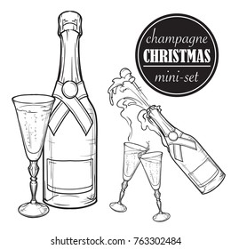 Champagne bottle and glasses. Closed and open champagne bottle and glasses, holiday toast, cork jumping out with explosion. Set of hand drawn EPS10 vector illustrations isolated on white background.