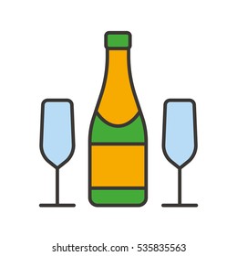 Champagne bottle and glasses color icon. New Year's Eve party. Isolated vector illustration