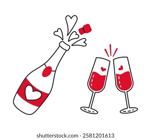 Champagne bottle and glasses doodle style Hand drawn trendy flat style love isolated icon Romantic symbol of love for web graphic design poster tattoo Valentines Day card line art Vector illustration