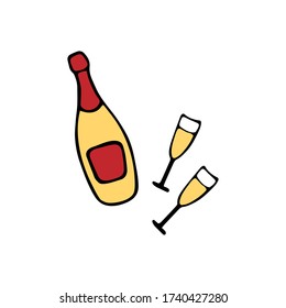 Botella de champán con gafas. Ilustración vectorial de diseño plano