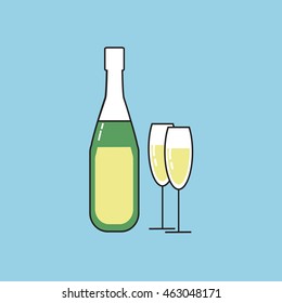 Champagne bottle and glasses. Flat design.