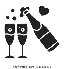 Champagne bottle and glasses glyph black icon. Christmas, New Year, Birthday celebration. Isolated vector element. Outline pictogram for web page, mobile app, promo.