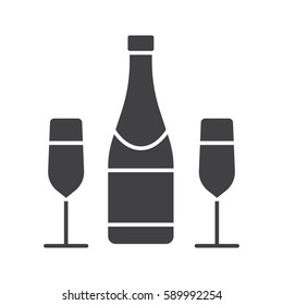 Champagne bottle and glasses glyph icon. Silhouette symbol. Negative space. Vector isolated illustration