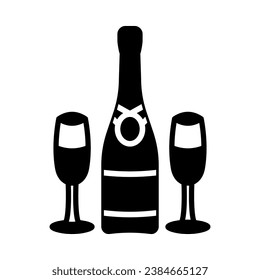Champagne bottle and glasses icon. Wedding element. Celebration and Happy Valentine's Day. Vector.