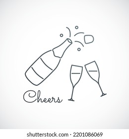 Champagne bottle and glasses isolated on white background. Vector Cheers icon.