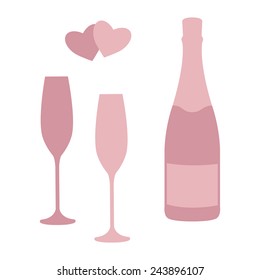 Champagne bottle and glasses isolated on white background. Design template for label, banner, badge, logo. Wedding, anniversary, birthday, Valentine's day, party invitations. Vector.