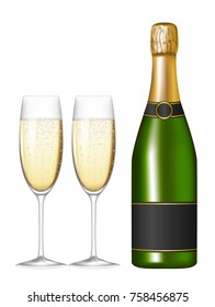Champagne bottle and glasses isolated on white