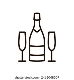 Champagne bottle and glasses outline icon. Celebration, party, holiday symbol. Editable stroke. Isolated vector illustration 