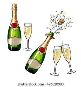Champagne bottle and glasses, set of cartoon vector illustrations isolated on white background. Closed and open champagne bottle and glasses, holiday toast, cork jumping out with explosion