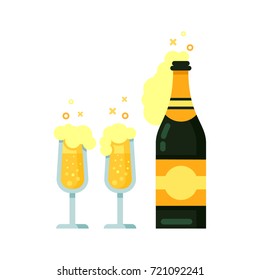 Champagne bottle and glasses, set of flat vector illustrations, isolated on white background. Open champagne bottle and glasses, holiday toast, feast composition.