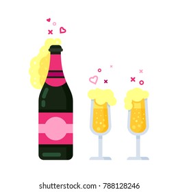 Champagne bottle and glasses, set of flat vector illustrations, isolated on white background. Open champagne bottle and glasses, Valentine's Day toast, feast composition.