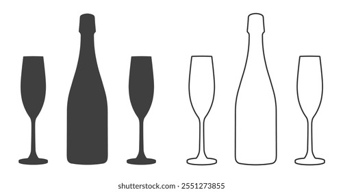 Conjunto de silueta de botella de champán y vasos. Símbolo de forma de icono de botella de vino de vidrio. Signo del logotipo del paquete del alcohol.  Imagen de Ilustración vectorial. Aislado en el fondo blanco