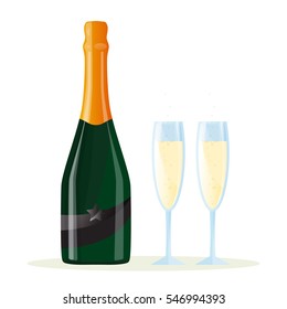 Champagne bottle with glasses of sparkling wine . Vector flat illustration .