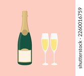 Champagne bottle with glasses. Two flutes filled with drink. Flat vector illustration.