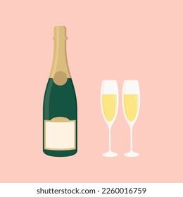 Champagne bottle with glasses. Two flutes filled with drink. Flat vector illustration.