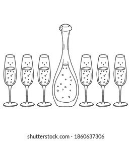 Champagne bottle with glasses. Vector illustration of glasses and bottles of champagne for Christmas. Hand drawn.