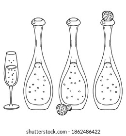 Botella de champán con gafas. Ilustración vectorial de vasos y botellas de champán para Navidad. Dibujado a mano.