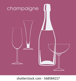 Champagne bottle and glasses vector illustration. Champagne glasses tulip, sauce and flute