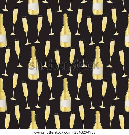 Champagne bottle and glasses vector seamless pattern background. Elegant gold black backdrop with fizz, champagne flutes,bottles. Modern chic repeat for party, birthday, wedding, New Year celebration