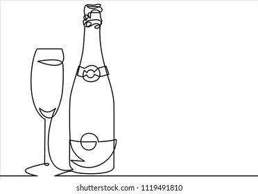Champagne bottle and glass.vector illustration-continuous line drawing