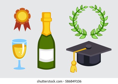 Champagne bottle and graduation hat vector illustration. Holiday gold wine glass new year party beverage romantic drink bottle. Refreshing cocktail with ice.