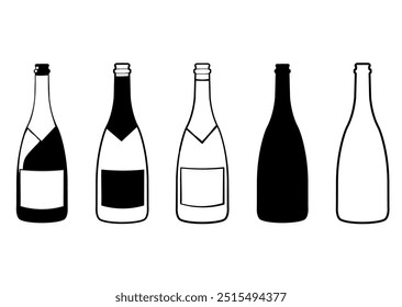 Champagne Bottle Hand Drawn, Silhouette, Outline and Filled Vector. Beverage Illustration on White Background. New Years. Celebration Concept. 