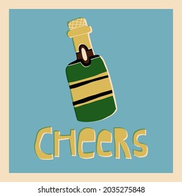 Bouteille de Champagne et papier à la main Cheers. Noël rétro, Nouvel An, carte de voeux d'anniversaire, création de bannières. Jolie illustration vectorielle dessinée à la main dans un style de dessin animé.