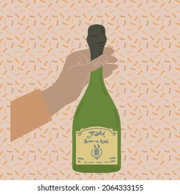 Champagne bottle in hand. Sparkling wine in green glass on a beautiful background. For the design of an invitation or a flyer for a Champagne party. Vector illustration