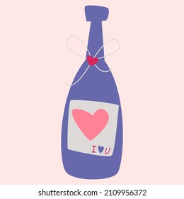 Champagne con una botella de corazón. Imagen vectorial al estilo boho. día de San Valentín. Una tarjeta de saludo con una declaración de amor.