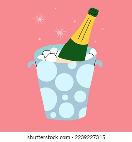 Champagne bottle in ice bucket. Cartoon modern wine. Doodle drawing contemporary card or poster. Alcoholic drink, celebration new year, wedding and birthday. Festive party beverage vector isolated set