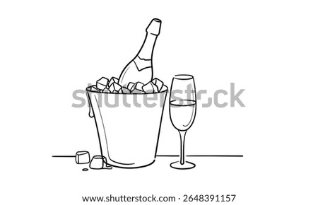 Champagne bottle in ice bucket, continious line drawing. Vector illustration