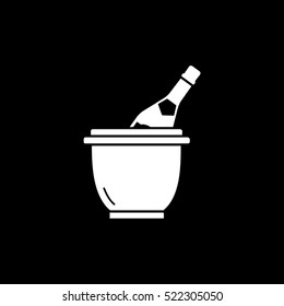 Champagne Bottle In Ice Bucket Flat Icon On Black Background