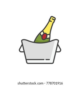 Champagne bottle in the ice bucket flat line colored icon.