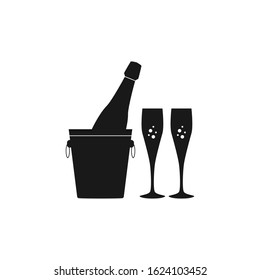 Champagne bottle with ice bucket and glasses vector icon
