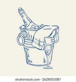 Champagne bottle in ice bucket hand drawn ink sketch. Cold sparkling alcoholic beverage in a metal pail. Whimsical luxury line art vector illustration of champagne in the bucket. Vintage illustration.