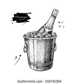 Champagne bottle in ice bucket. Hand drawn isolated vector illustration Alcohol drink in engraved style Vintage sketch Beverage drawing for bar and restaurant menu, poster, banner. Celebration concept